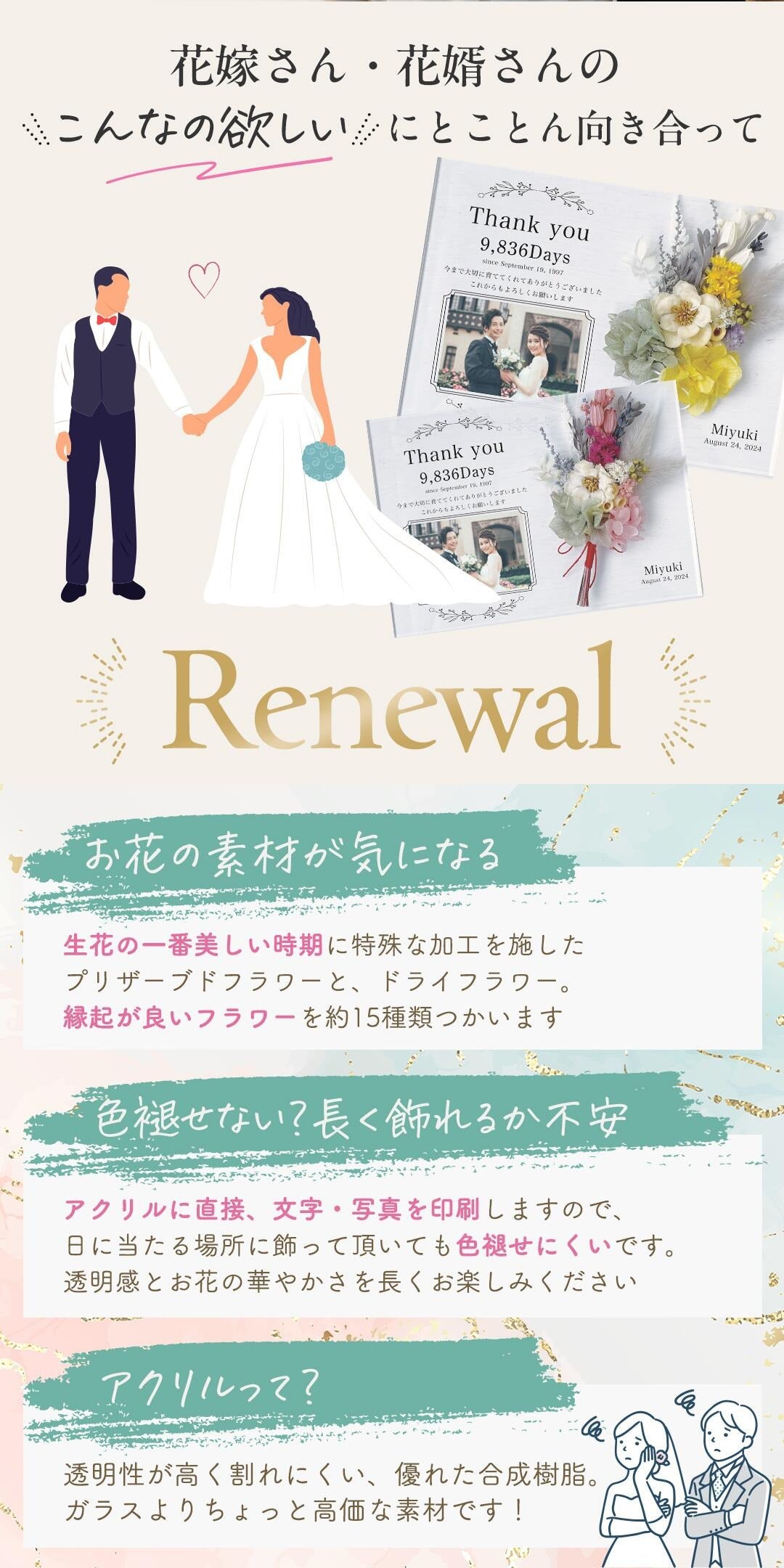 【2個セット】【新郎新婦から】【ご両親へ】アクリル　子育て感謝状　両親　贈呈品　記念品　結婚式　結婚証明書　新婚　挙式　フラワーブーケ #i27-1